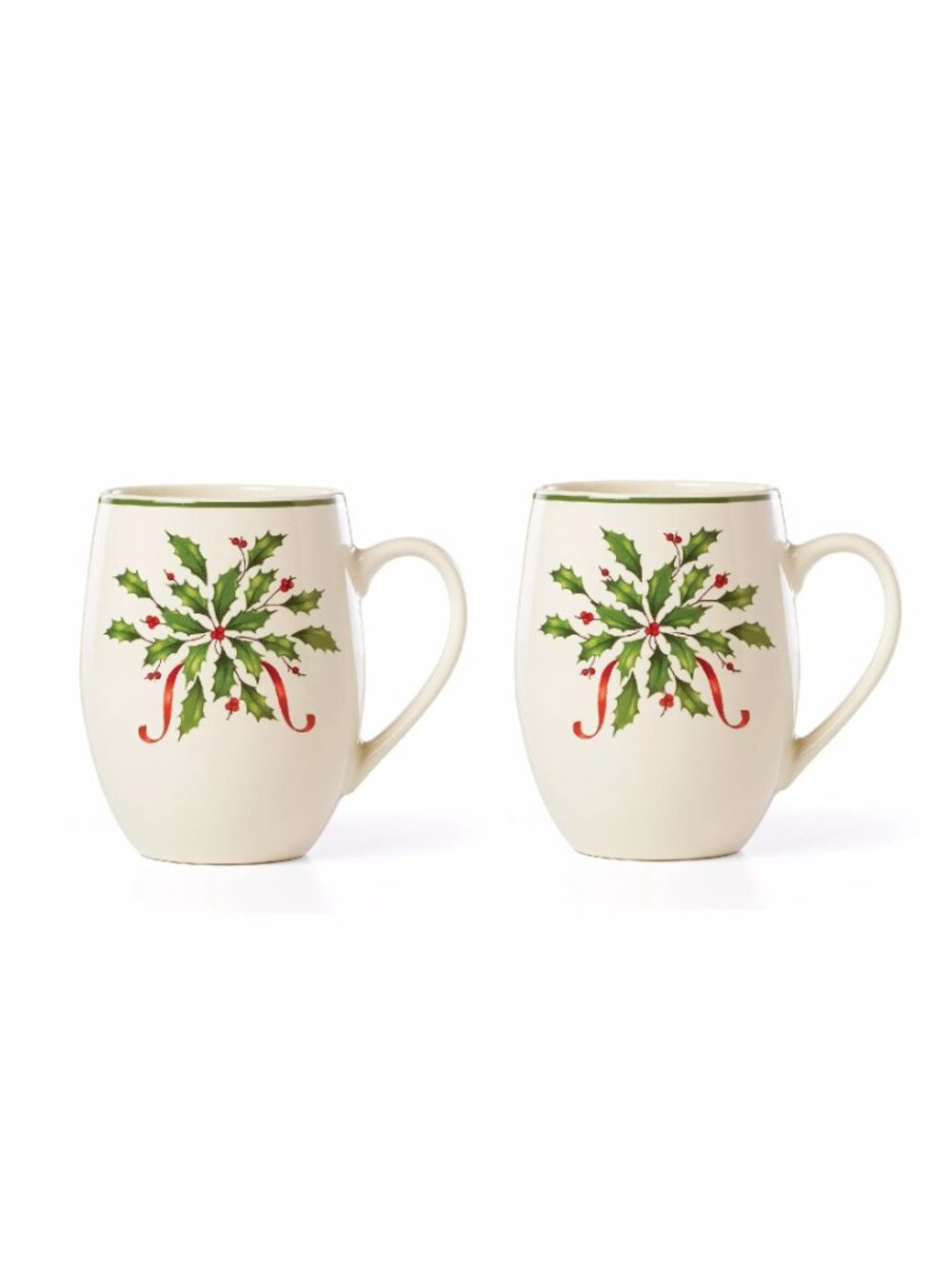 new Boxed Set of 2 Lenox Christmas Holiday Holly Leaves 5-inch Cocoa Mugs #B